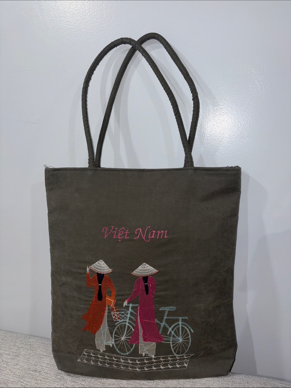 Vietnam Embroidered Canvas Tote Bag - Olive with Pink Accents